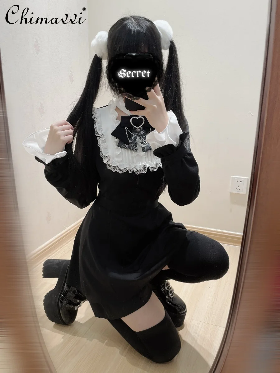 

Japanese Mine Mass-Produced Lolita Short Sets Summer Fashion Lace Black Long Sleeve Embroidered Waist Top Sweet Ladies Two-Piece