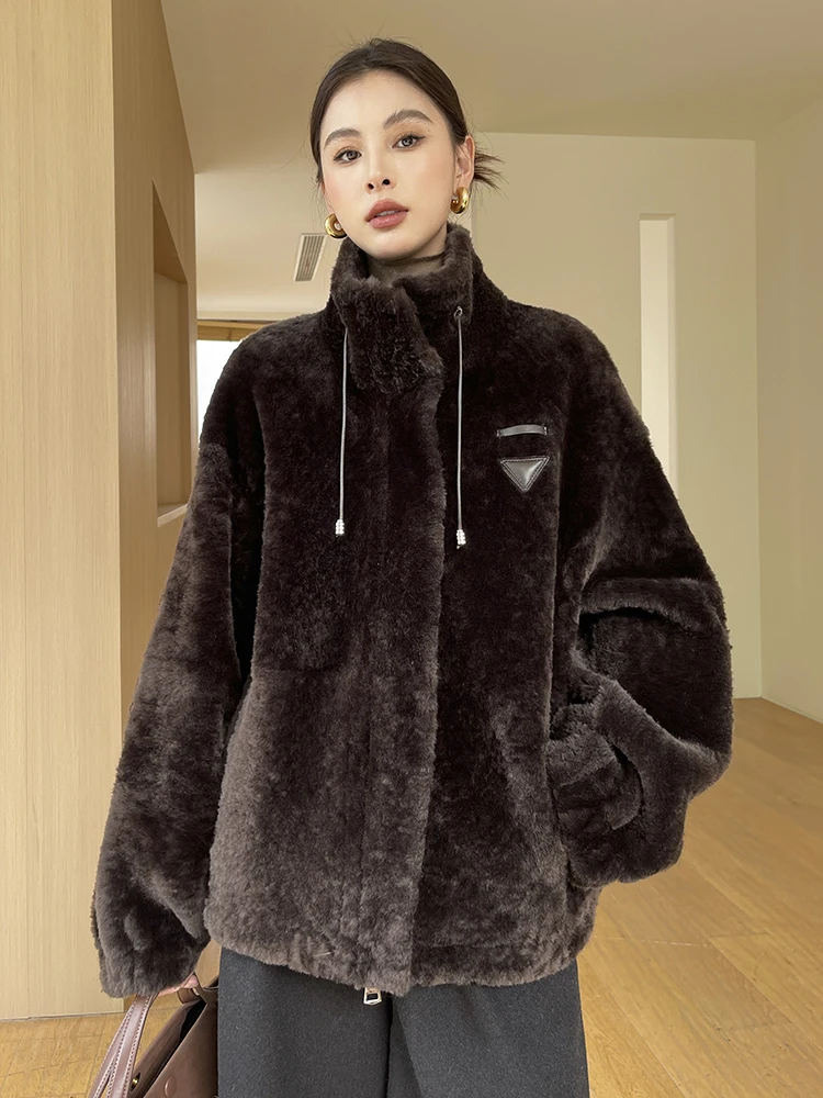 

High-end Luxury Natural Lamb Fur Shearling Jackets for Women 2026 Simple Stand Collar Loose Winter Genuine Leather Real Fur Coat