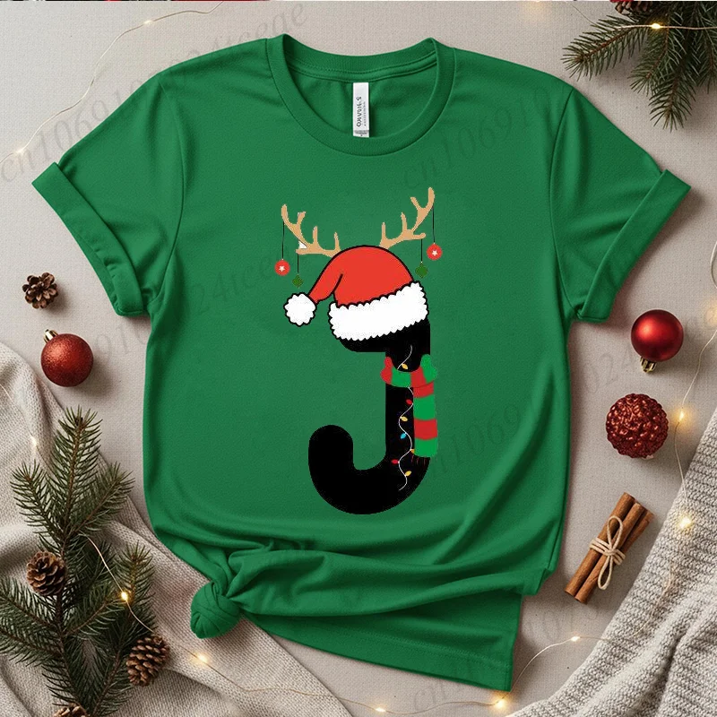 Damska świąteczna koszulka z alfabetem, pasujące piżamy rodzinne na Boże Narodzenie, strój na imprezę, świąteczny nadruk z monogramem, bluzka z krótkim rękawem.