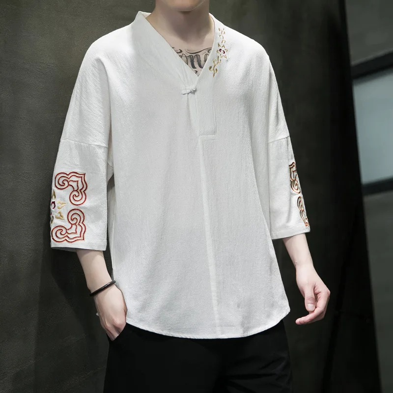 Japanese Shirt Kimono Yukata Retro V-neck Embroidered T-shirt Men\'s Hip Hop M-6XL 2023 Spring and Summer New Men\'s Shirt Tops