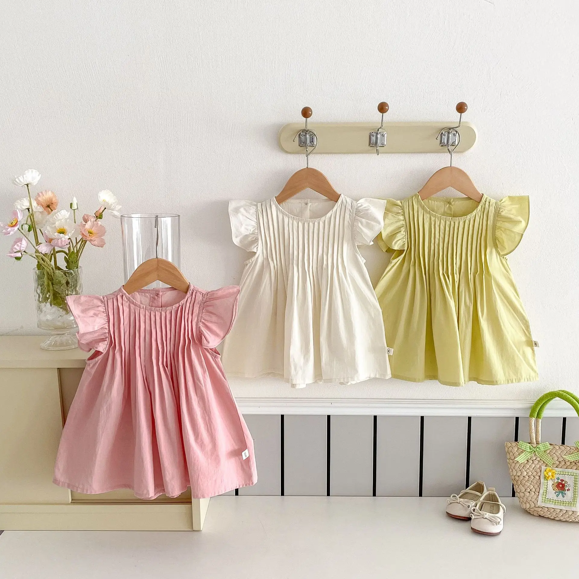 Summer Ins Kids Girls Dress Solid Cotton Flying Sleeve Ruched Thin Toddler Girls Dress Breathable Princess Baby Girls Dress