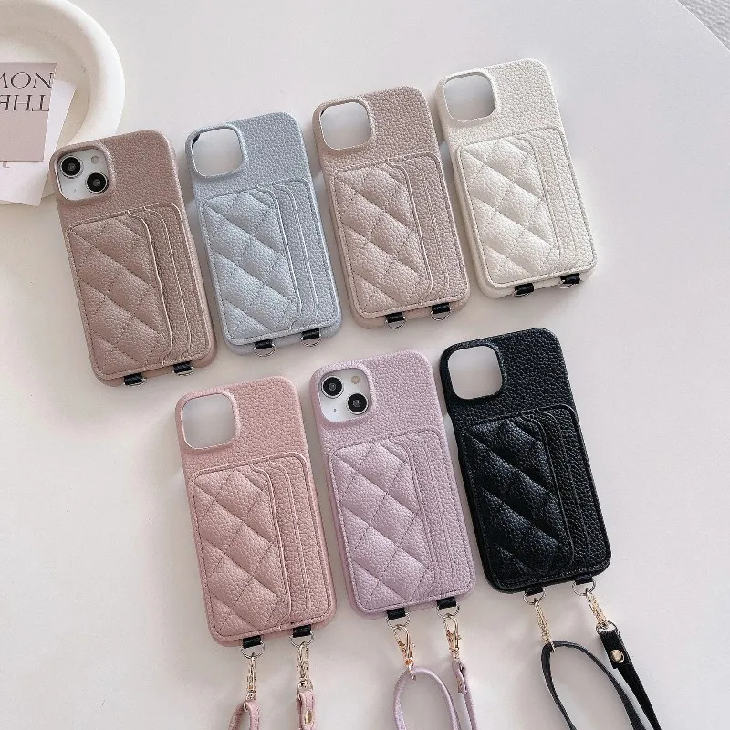 Creative The Back Insert Card Phone Case For iPhone 15 14 Plus 13 12 11 Pro Max Removable Shoulder Strap Leather Phone Cover