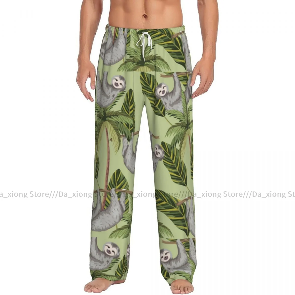 Mens Casual Pajama Long Pant Loose Elastic Waistband Sloth With Tropical Palm And Leaves Cozy Sleepwear Home Lounge Pants