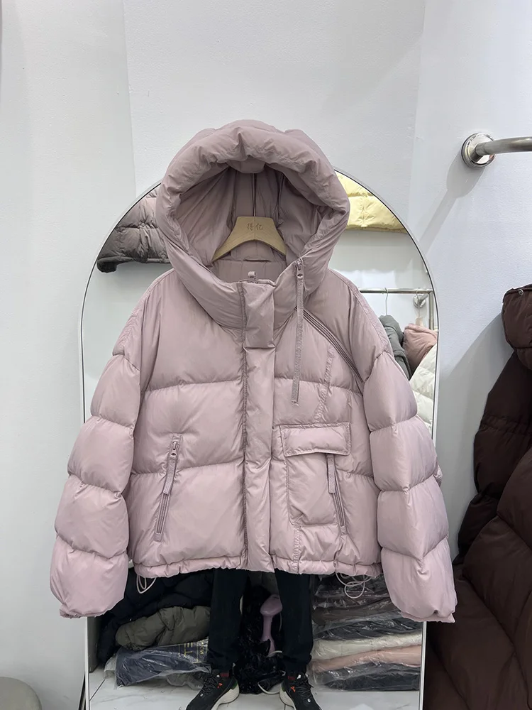 Women's short style hooded fashion design loose white duck down jacket trendy 2025 winter new casual versatile down coat