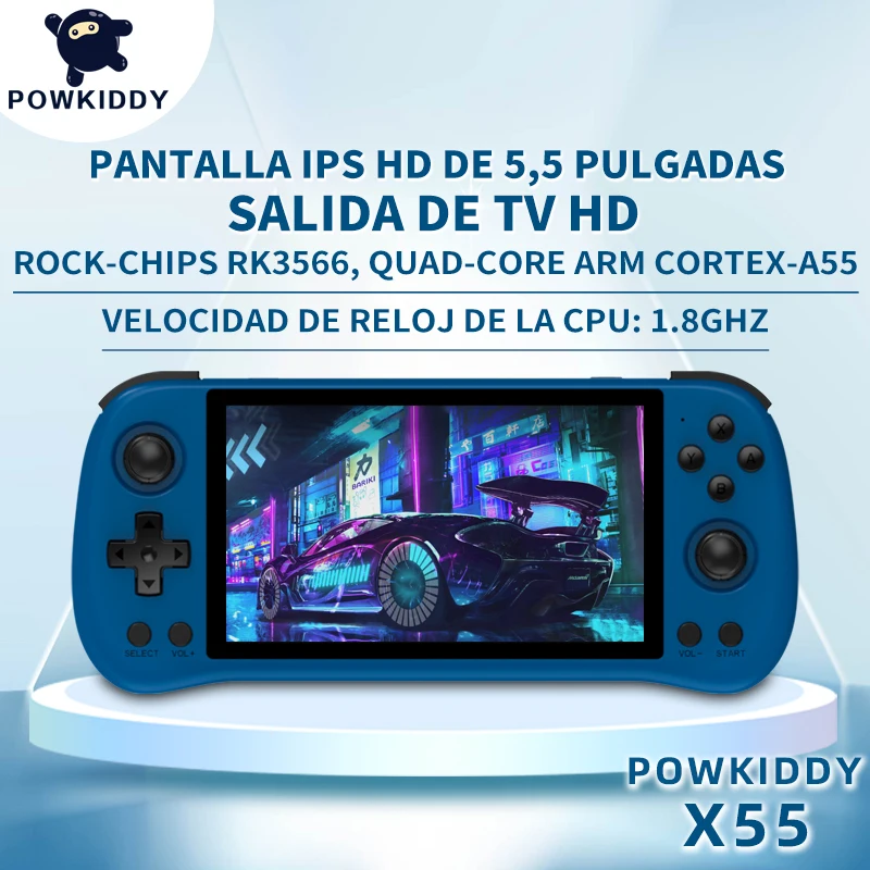 POWKIDDY X55 Handheld Game Console 5.5 INCH IPS Screen RK3566 Open-Source Linux System 30000+Games 4000 MAh TV HDMI LPDDR4X