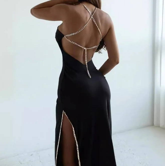 

Fashion Dress Summer New Sexy Bag Buttocks Exposed Back Black Chain Side Slit Suspender Long Skirt Elegant Dresses for Women