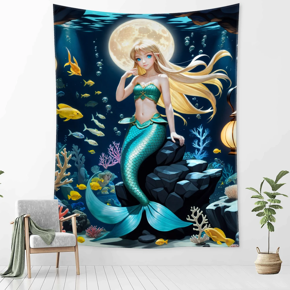 Seabed Moon Mermaid Tapestry Wall Hanging Bohemian Natural Landscape Art Style Bedroom Living Room Home Decor