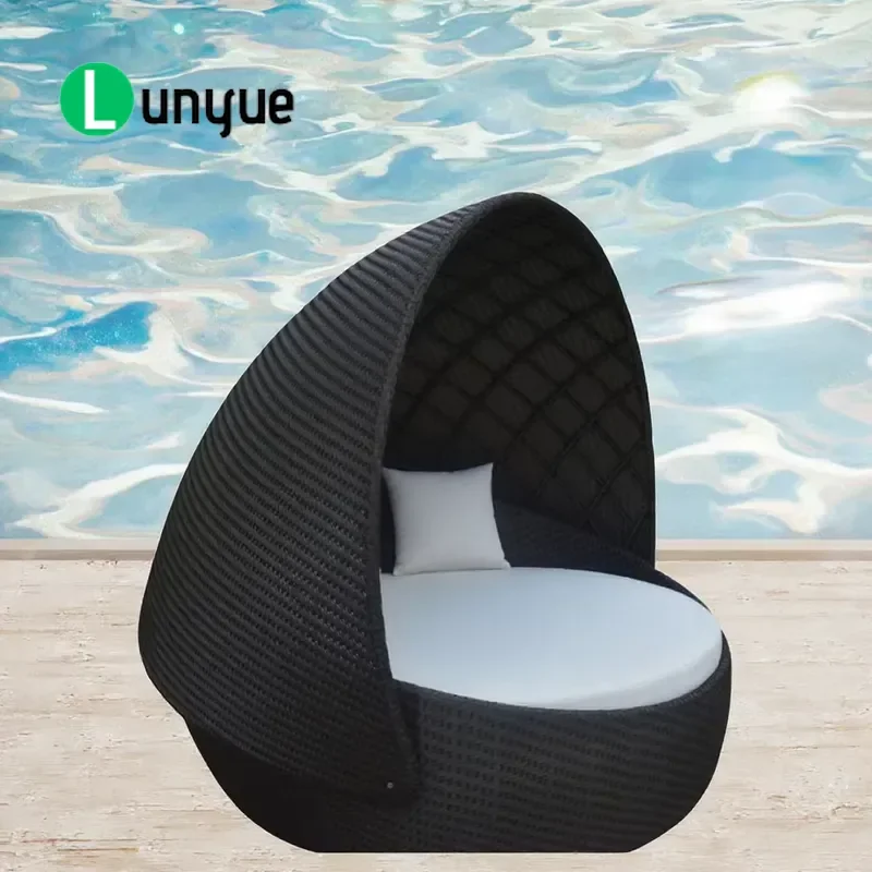 Outdoor Wicker Round Sunbed with Canopy All Weather Rattan Pool Sofa Bed for Hotel Patio Garden Furniture