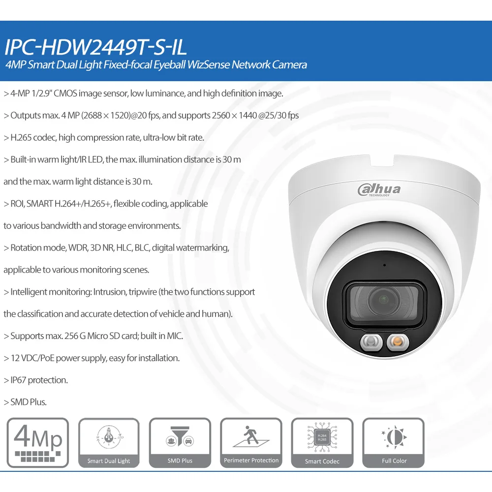 Imagem -02 - Dahua-original Wizsense Network Câmera mp Poe Inteligente Luz Dupla Globo Ocular Fixo-focal Construído em Mic Vigilância Ipc-hdw2449t-s-il