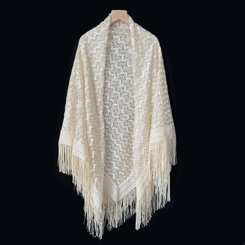 

Универсальная кружевная шаль 140×140 см с ажурным дизайном, дышащая вязаная шаль, элегантная шаль с бахромой для женщин
