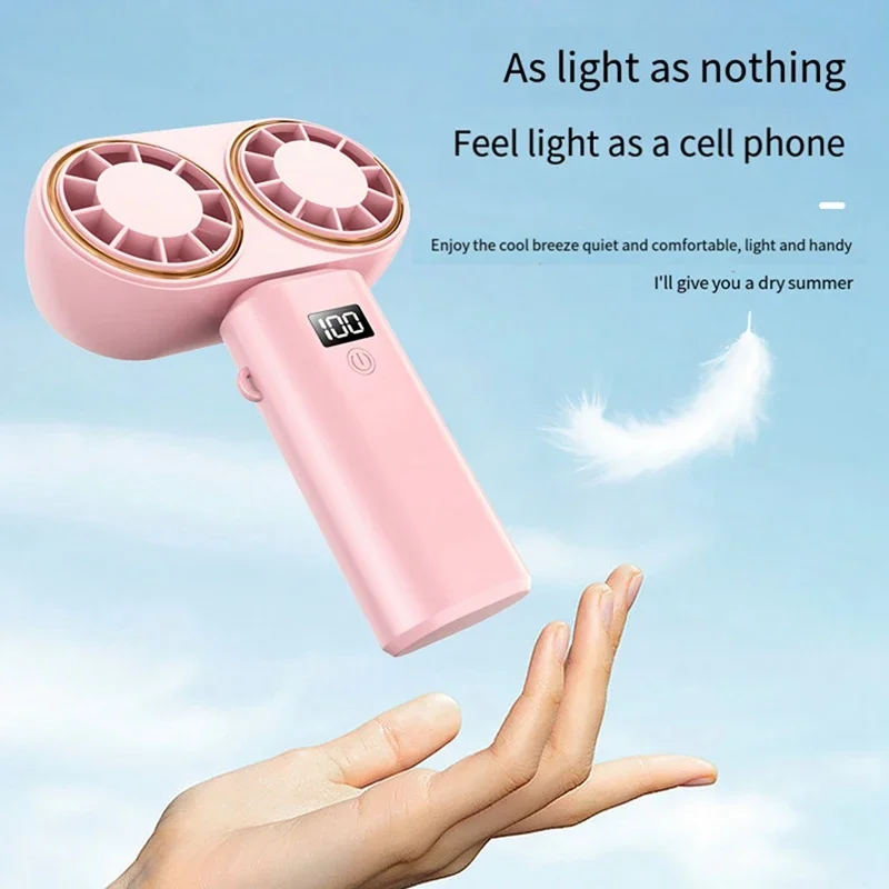 مروحة USB قابلة لإعادة الشحن برأس مزدوج 2400 مللي أمبير في الساعة، مروحة محمولة معلقة على الرقبة، سطح مكتب قابل للطي مع مروحة شاشة رقمية، سهلة الاستخدام، وردي