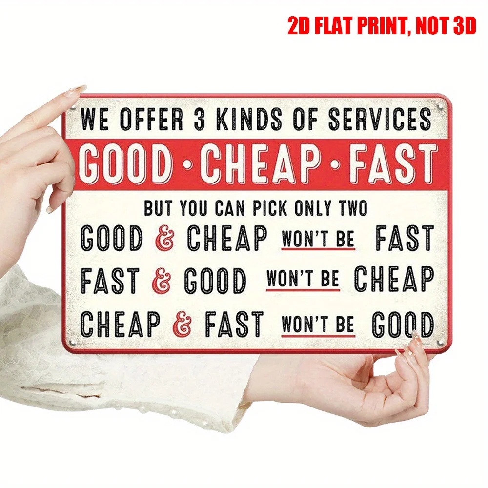 2D Flat, 12x8 Inch Humorous Metal Wall Art Sign - Retro Vintage Style with Funny Service Level Choices (Good/Cheap/Fast)