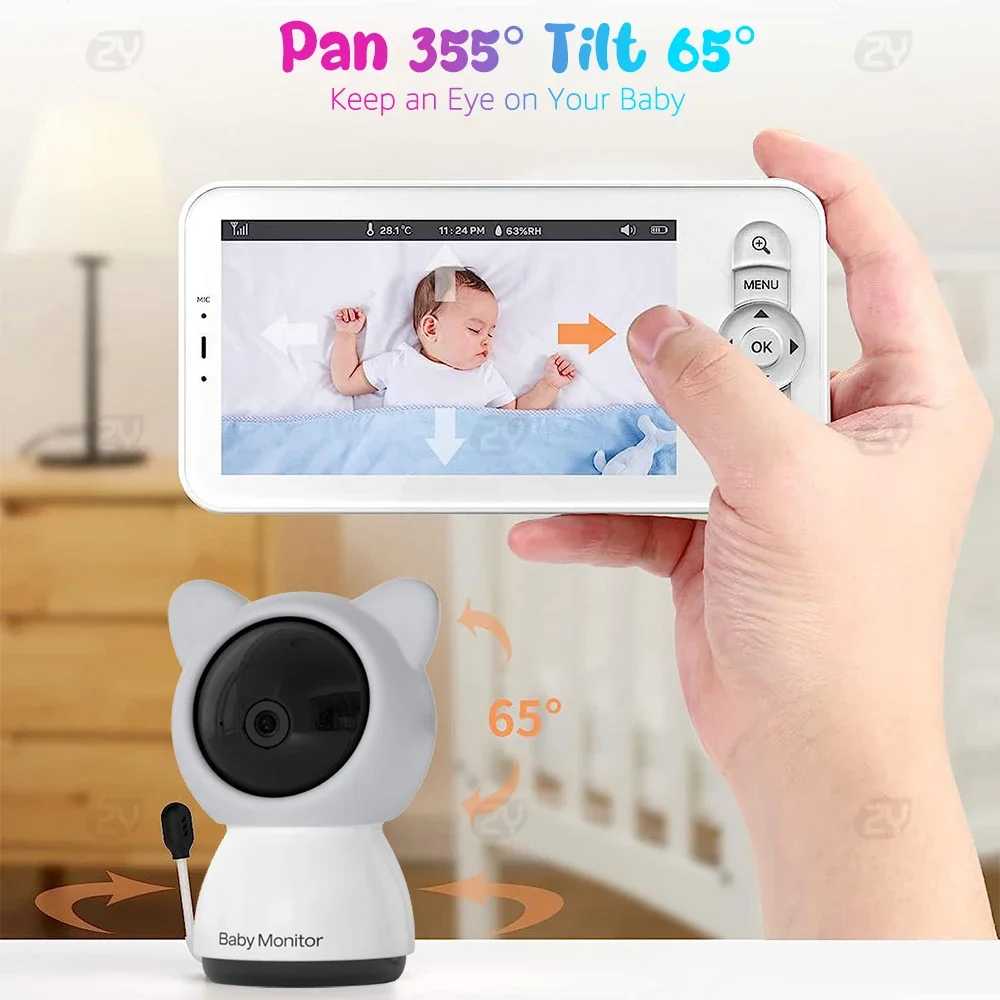 Baby Monitor Wifi da 5 pollici con App per telefono, Zoom 4X 1080P visione notturna conversazione a 2 vie Babyphone elettronico batteria da 3000mAh, Storag per scheda TF