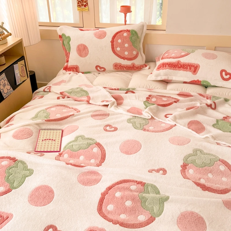 Cartoon Pink Strawberry Flannel Blanket for Kids Girls Soft Warm Lightweight Throw Blanket for Sofa Bed Traveling Camping Gifts