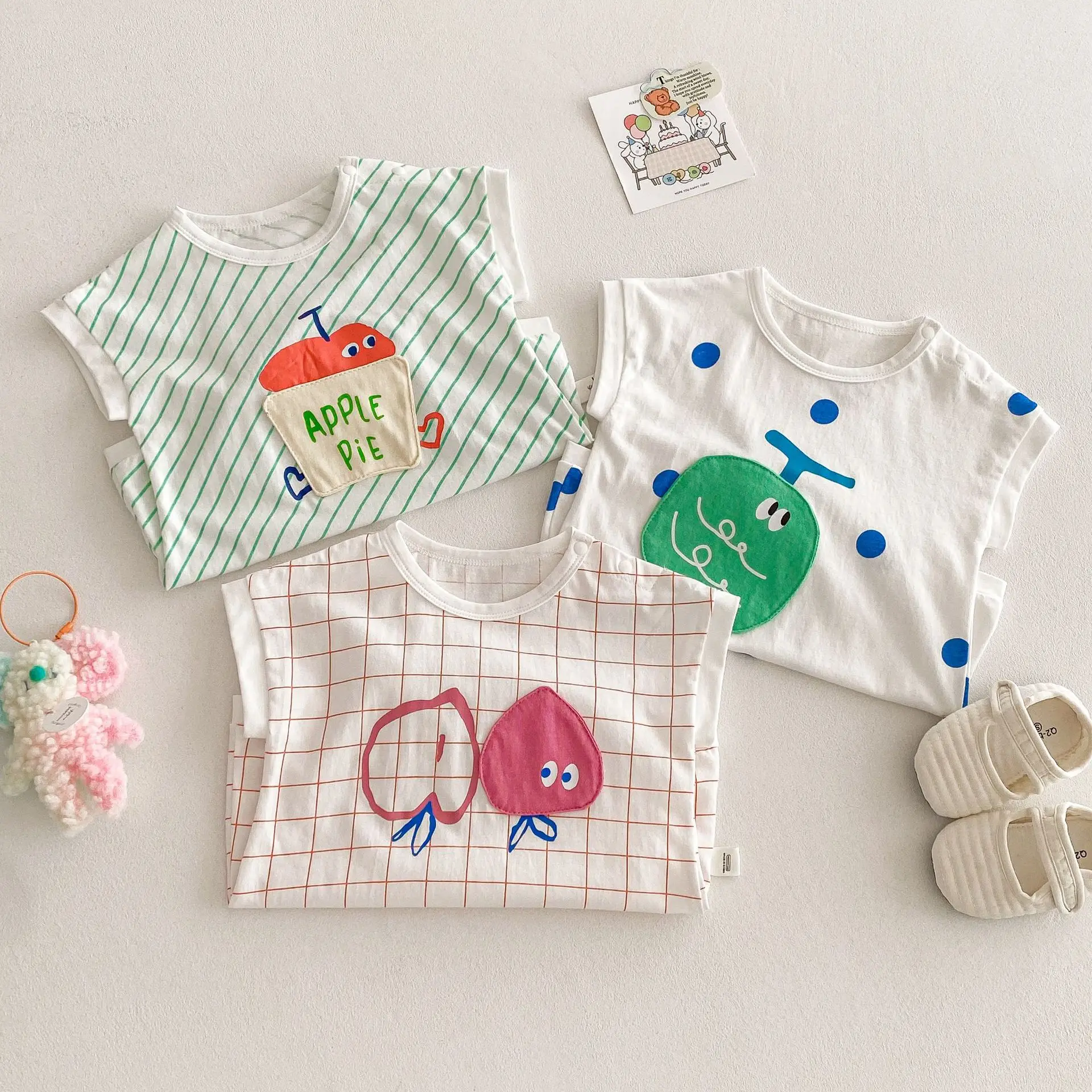 2025 novo bonito pêssego impressão macacão da criança meninos meninas manga curta algodão listra macacão moda roupas do bebê