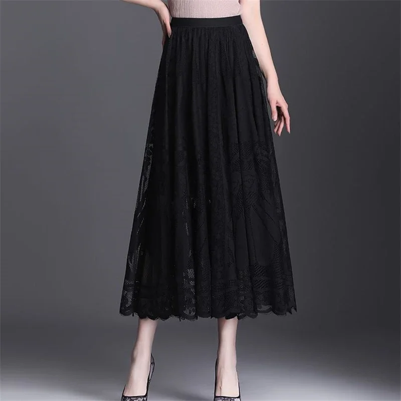 Vrouwen Vintage Sexy Holle Kant Hoge Taille Elegant Feest Lange Rok Zomer Mode Zwart Geplooide Fee Een Linnen Maxi Rokken