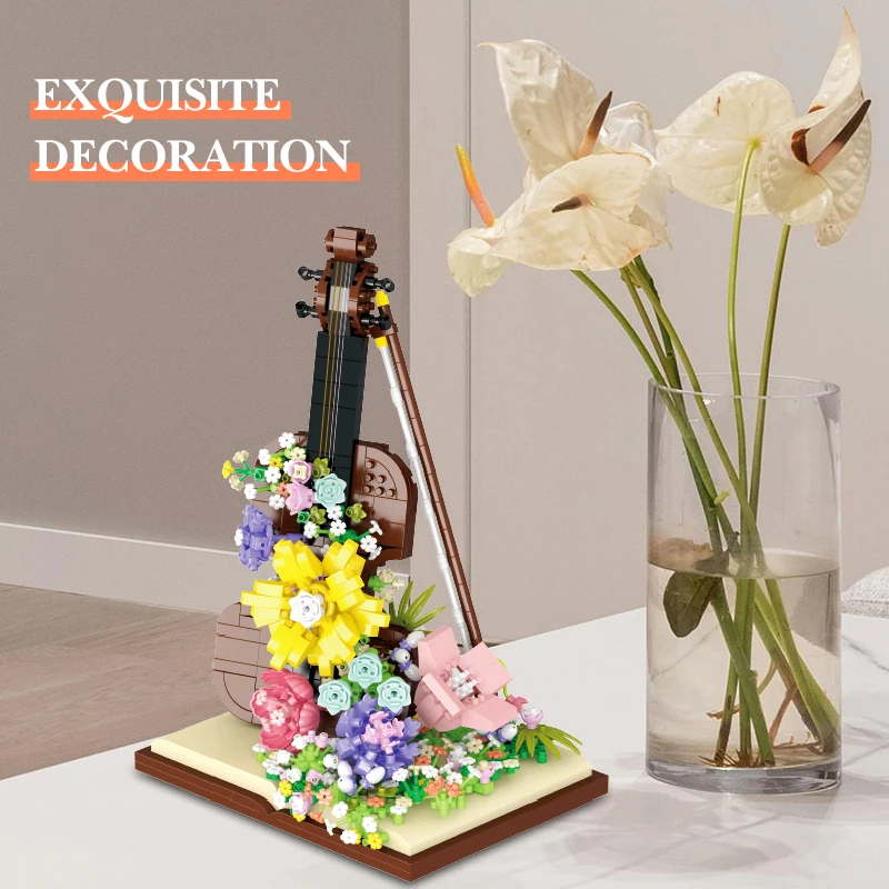 Creative Piano Violin Building Block DIY Mini Musical Instrument Eternal Flower Assembly Model Decoration Children Birthday Gift