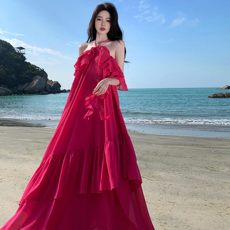 

New 2024 Summer Rose Chiffon Holiday Beach Dress New Elegant Women Halter Off Shoulder Ruffles Loose Backless Boho Long Sundress