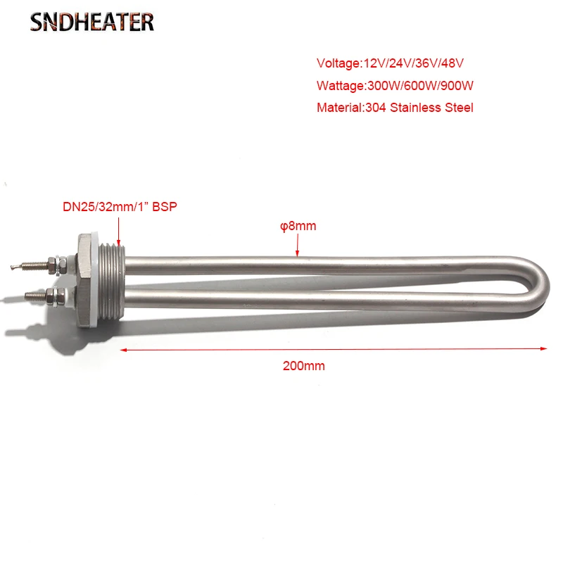 SNDHEATER 12V 24V 36V 48V 300W 600W 900W 304 Stainless Steel Heater Elment DN25/1 inch 32mm BSP Threaded Immersion Heating Pipe