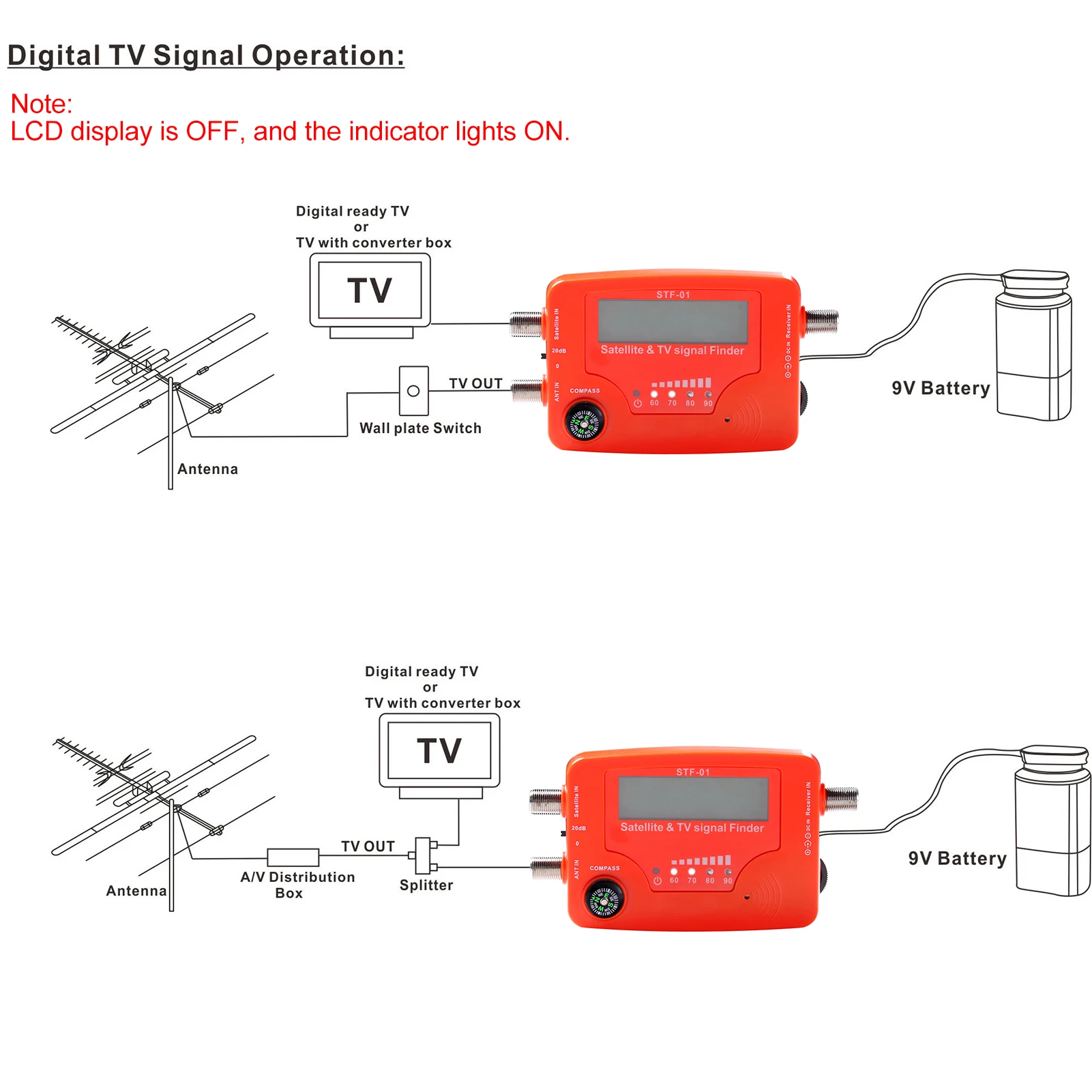 2 in 1 Satellite and TV Signal Finder LCD Digital Satellite Finder TV Antenna Signal Strength Signal Meter with Compass Alarm