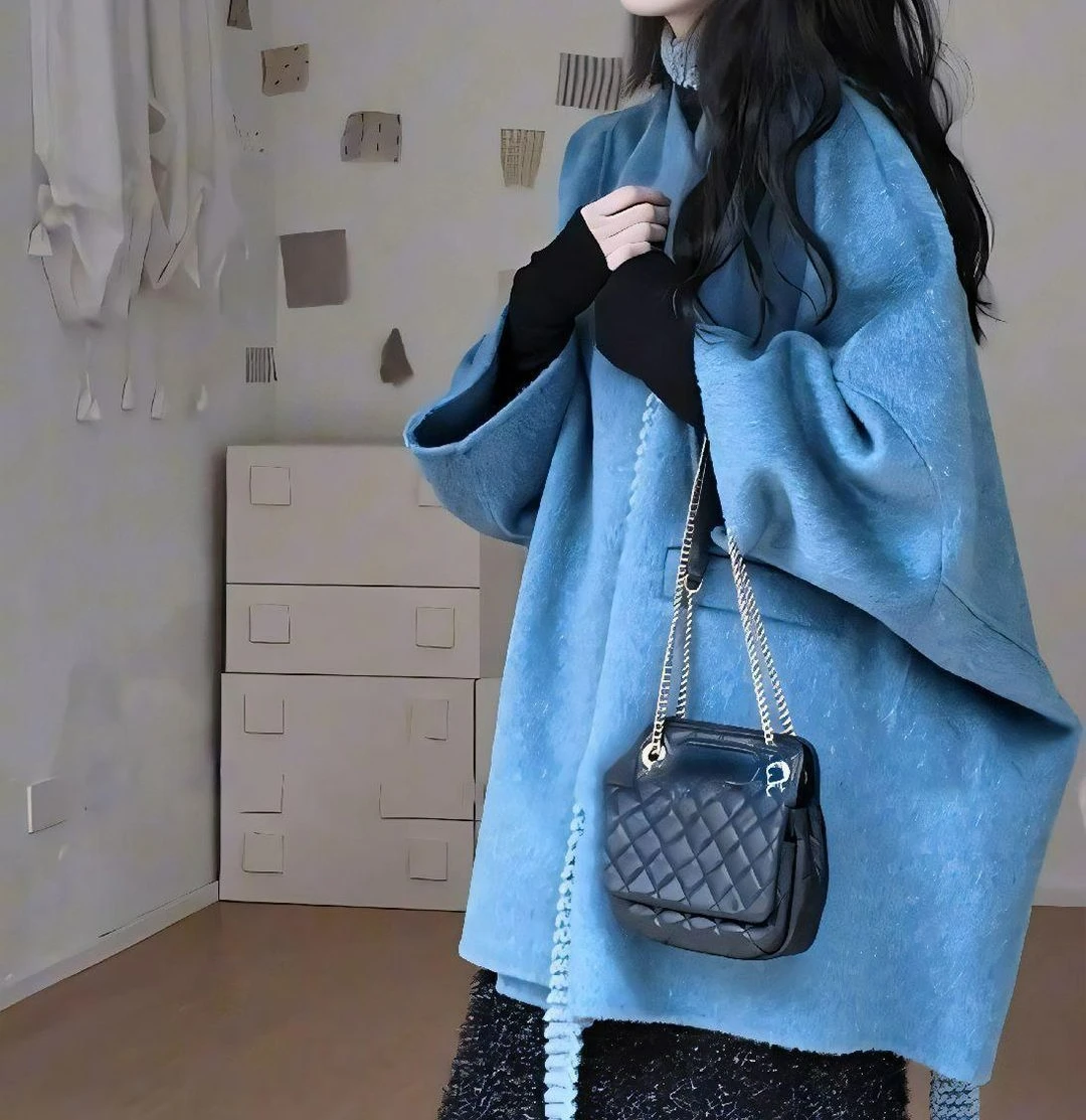 Autumn and Winter Double-sided Woolen Coat Women's New Temperament High Sense Loose Blue Thin Woolen Coat