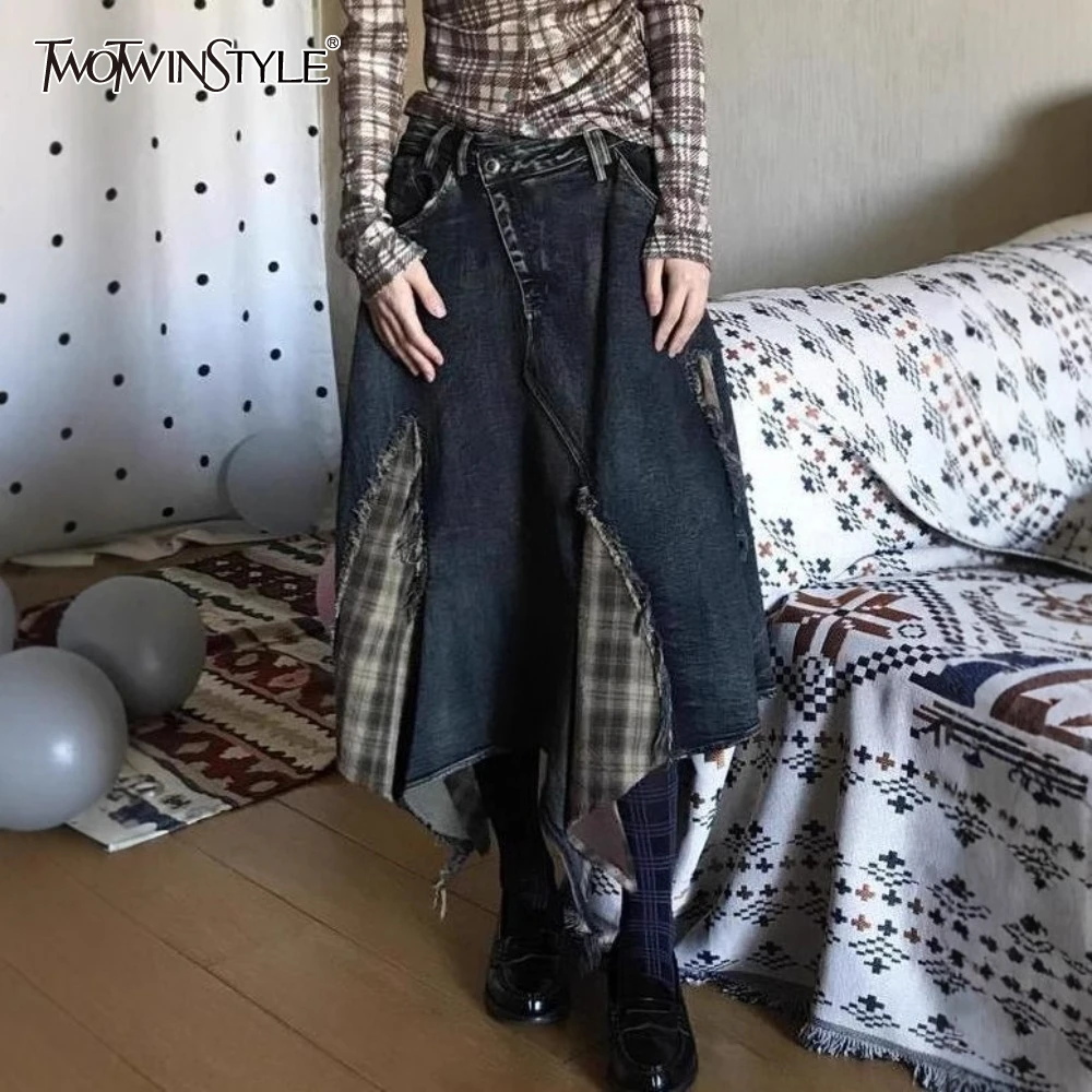 

TWOTWINSTYLE хит цвета, свободные юбки Chis для женщин, дизайнерская повседневная куртка с высокой талией в клетку, женская мода, новинка