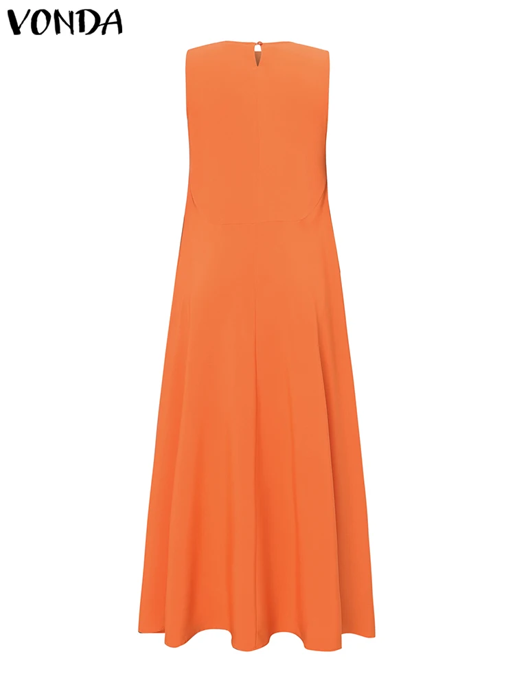 Vonda plus size vestido feminino sólido longo vestido de verão 2025 sexy sem mangas casual babados tanque robe festa maxi vestidos