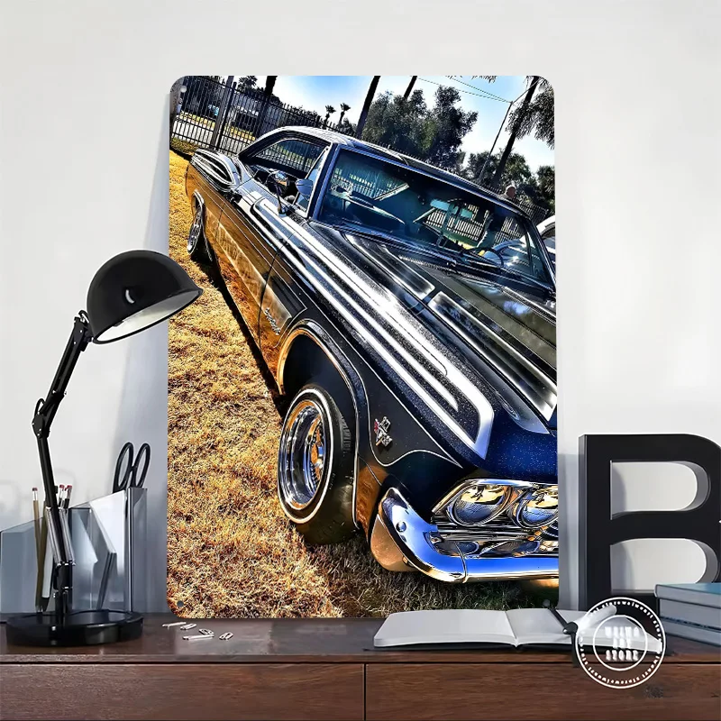 Lowrider Black Impala With Chrome Wheels Car Tinplate Poster Customized Wall Art Vintage Metal Signs Retro Tin Plaque for Home