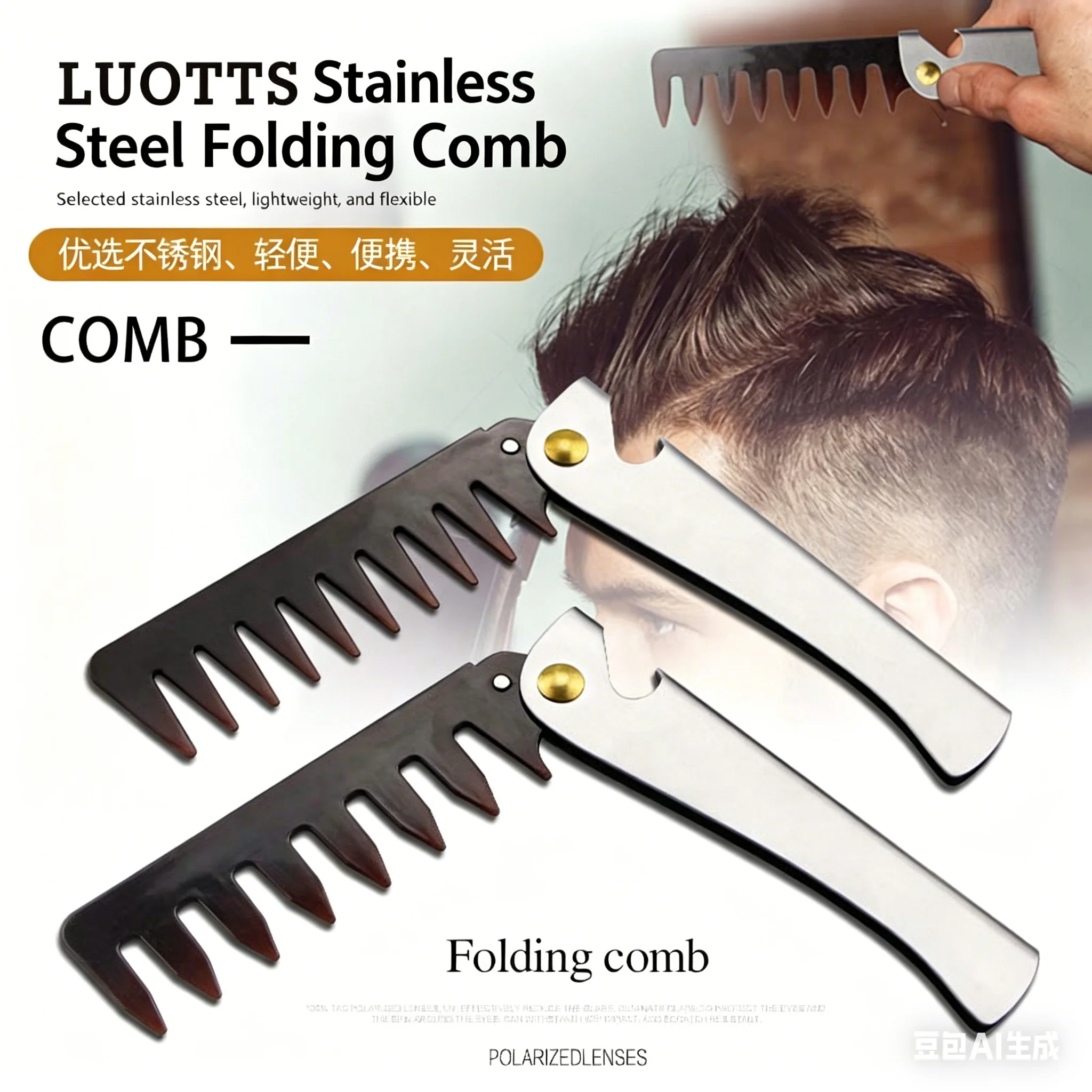 Men Retro Oil Head Comb Portable Folding Stainless Steel Comb Hairdressing Styling Round Teeth Comb Texture Modeling Steel Comb