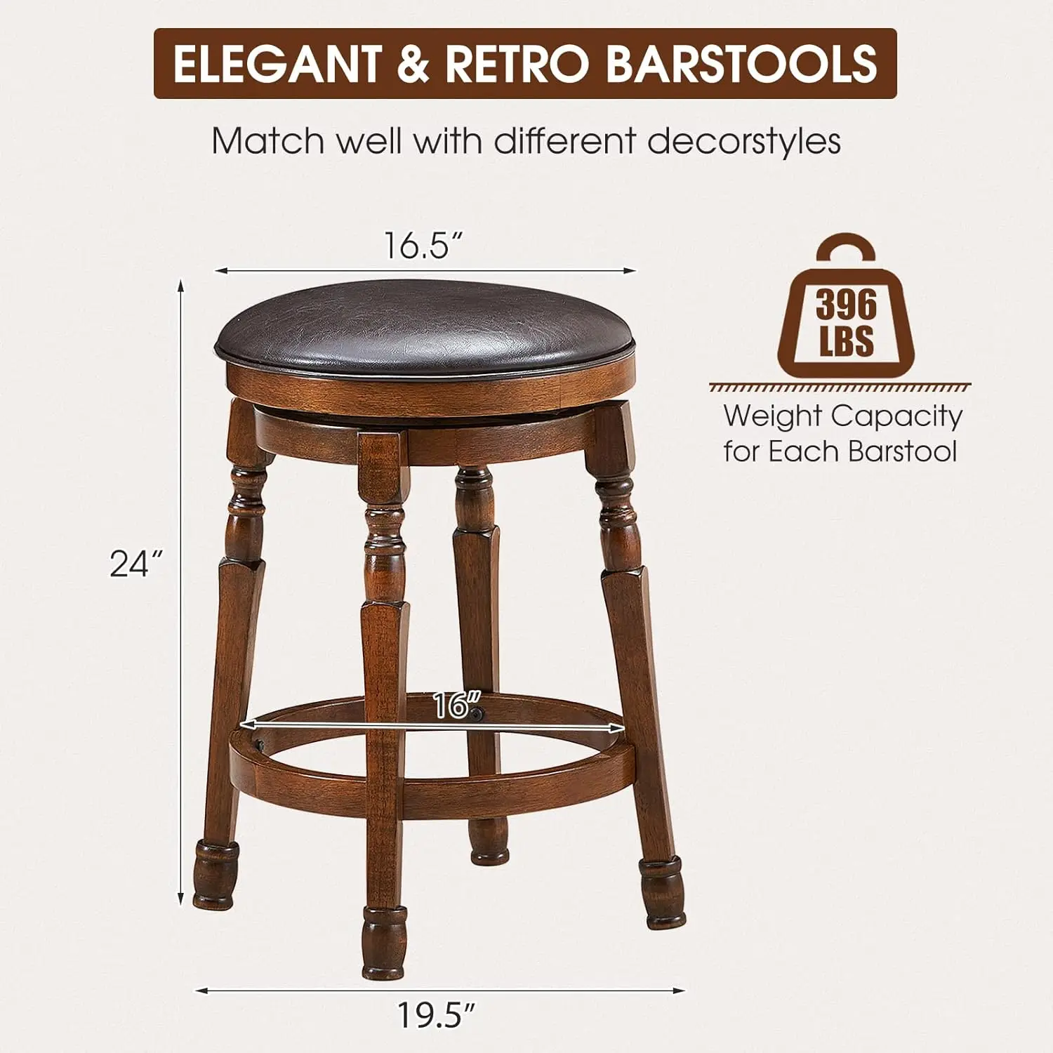 Ensemble de 4 tabourets de bar à percussion de 24 pouces, chaise robuste en bois massif