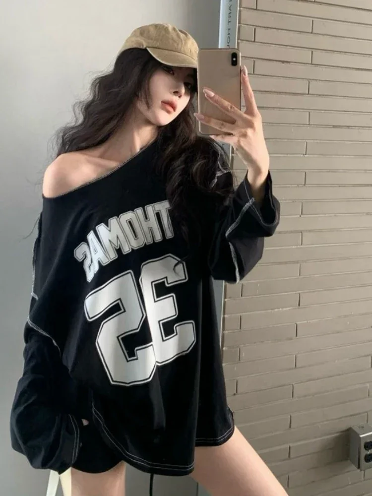 

Y2K Gothic Print Oversized T-Shirt Women 2025 Harajuku Streetwear Grunge Tee Skew Collar Top