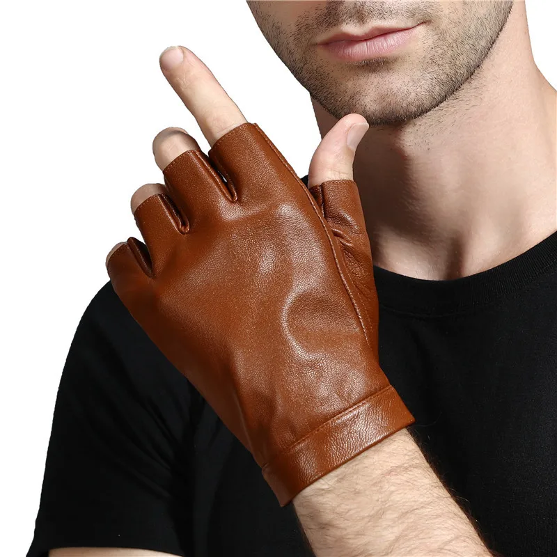 Men's Semi-finger Genuine Sheepskin Leather Driving Gloves Male Natural Leather Fingerless Riding Fitness Sports Show Gloves