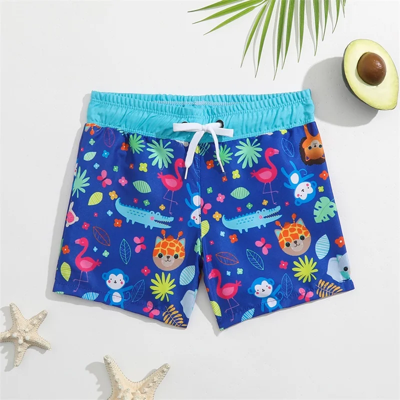 Little Boy Swimsuit  Blue Shorts  Cartoon Animal Print Swimsuit  Drawstring  Flat Angle Hot Spring Beach Swimsuit