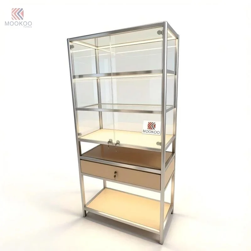 custom.MOOKOO Luxury Metal Frame Glass Display Cabinet LED Showcase Glass Display with Adjustable Shelves Retail Boutiq