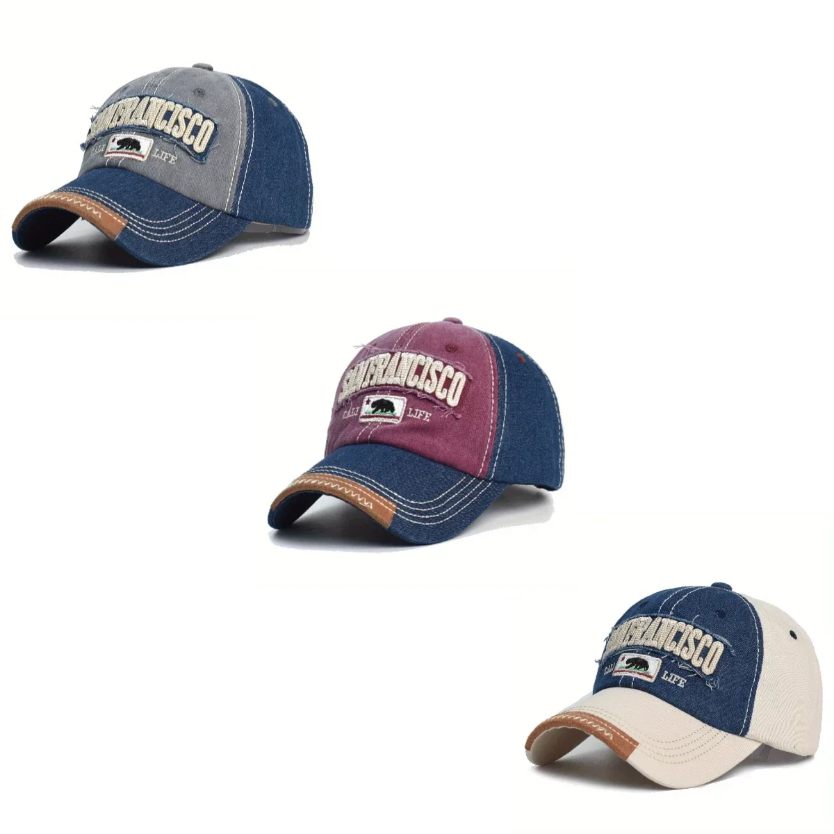 

Vintage Washed Denim Dad Hat with Color Block & Letter Embroidery Adjustable Snapback Cap for Outdoor Hiking Travel