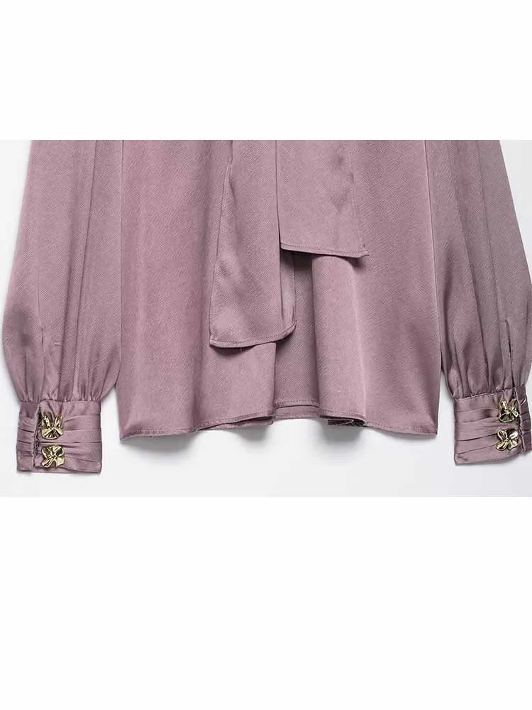 HH Neue Frau Frühjahr Elegante Mode Lange Ärmel Bogen Dekoration Seide Satin Textur Hemd Weibliche Pendeln Vielseitiges Hemd