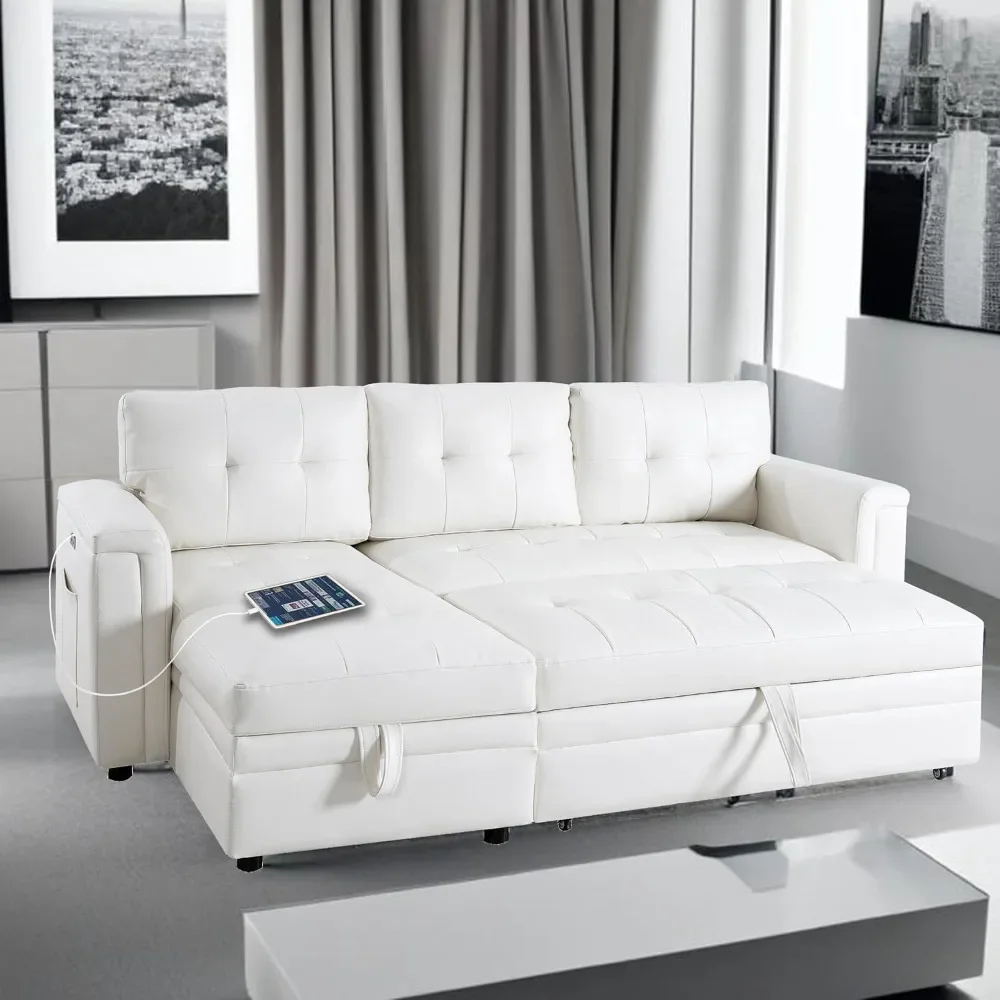 

L-Shaped Modular Sofa Bed with USB Port - Converts To A Pull-Out Bed, Plenty of Storage, Classic Design, White/Air Leather