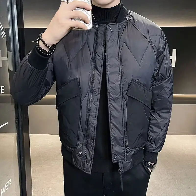 

Thiened Cotton Jaet Baseball Collar Men's Retro Mid-aged Winter Coat Warmth Bfle Pattern Leisure Casual Outerwear