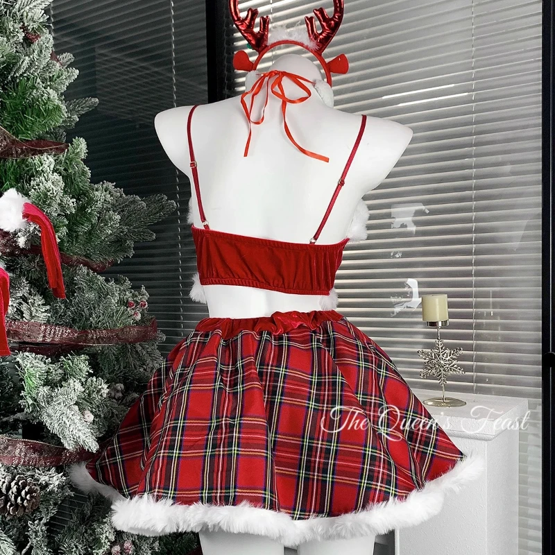 Kerst Outfit 2025 Winter Nieuwe Rode Fluwelen Raster Splicing 2 Stuk Zoete Cool Sexy Korte Rok Uniform Hot Girl Groep set Dames