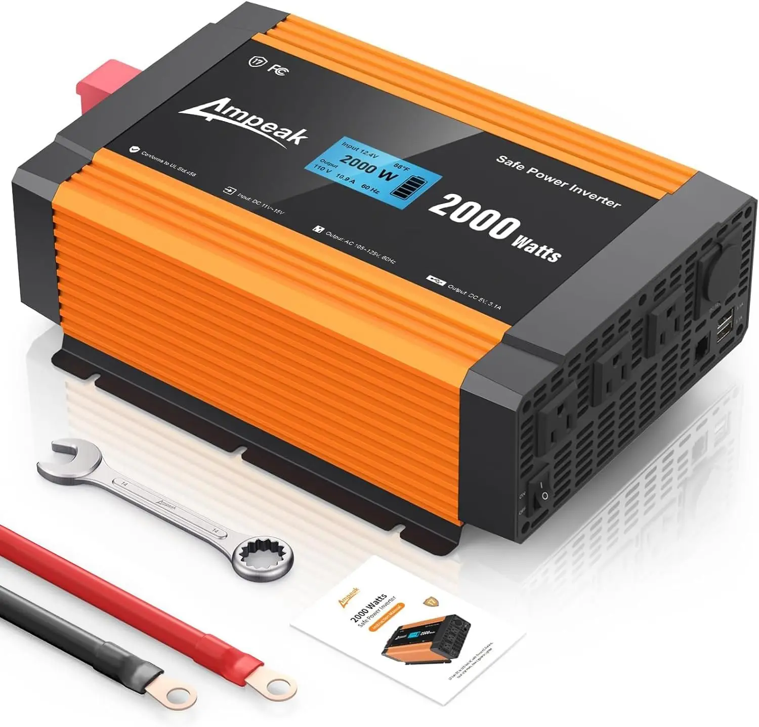 2000W Power Inverter 6.2A Dual USB Ports 3AC Outlets Stable Voltage Output Inverter DC 12V to AC 120V 17 Protections