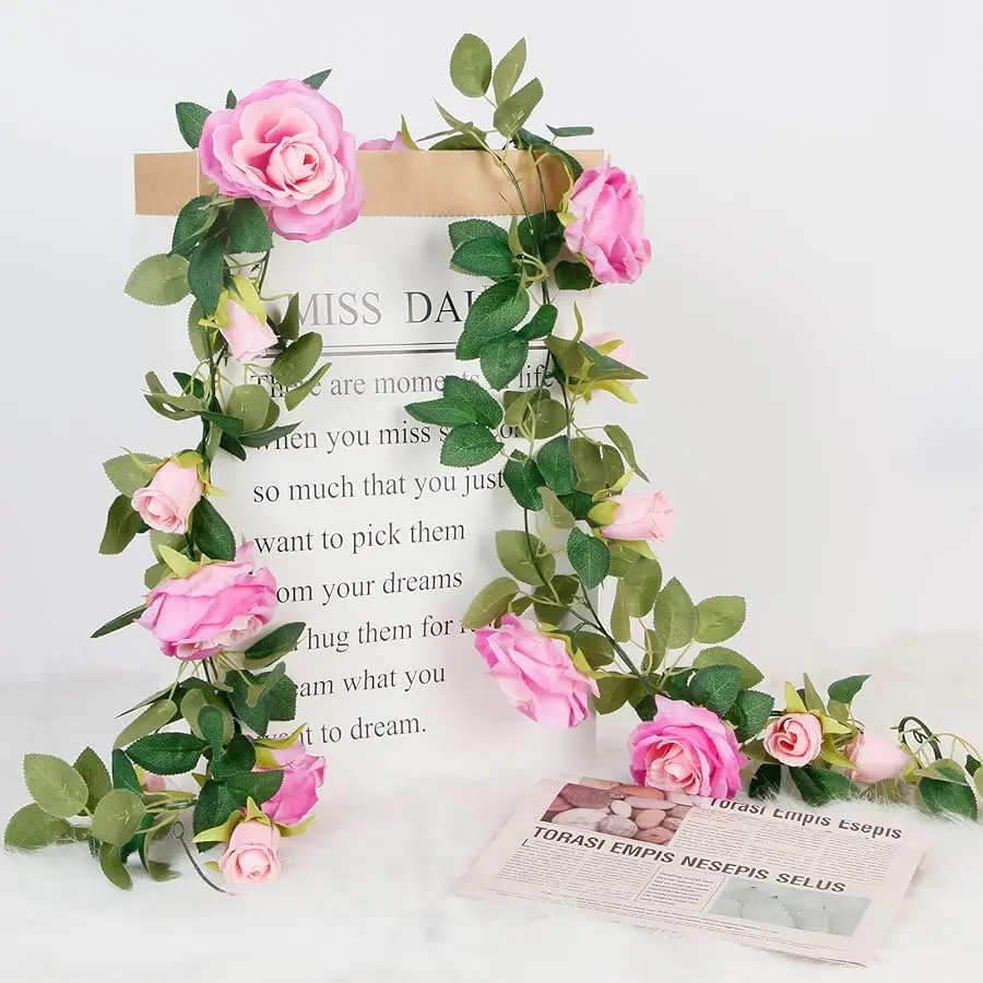 Teldrassil 4 قطعة (26 قدم) ورد صناعي كرمة ورد صناعي إكليل زهور مزيفة وردة حريرية معلقة كرمة لحفلات الزفاف خلفية قوس Ga #4