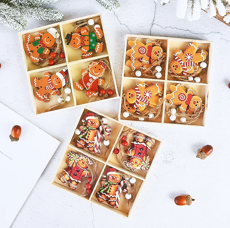 

12PC Christmas Wooden Pendant Santa Claus Gingerbread Man Xmas Tree Hanging Ornament Chrisma Gift Navidad New Year Party Decor