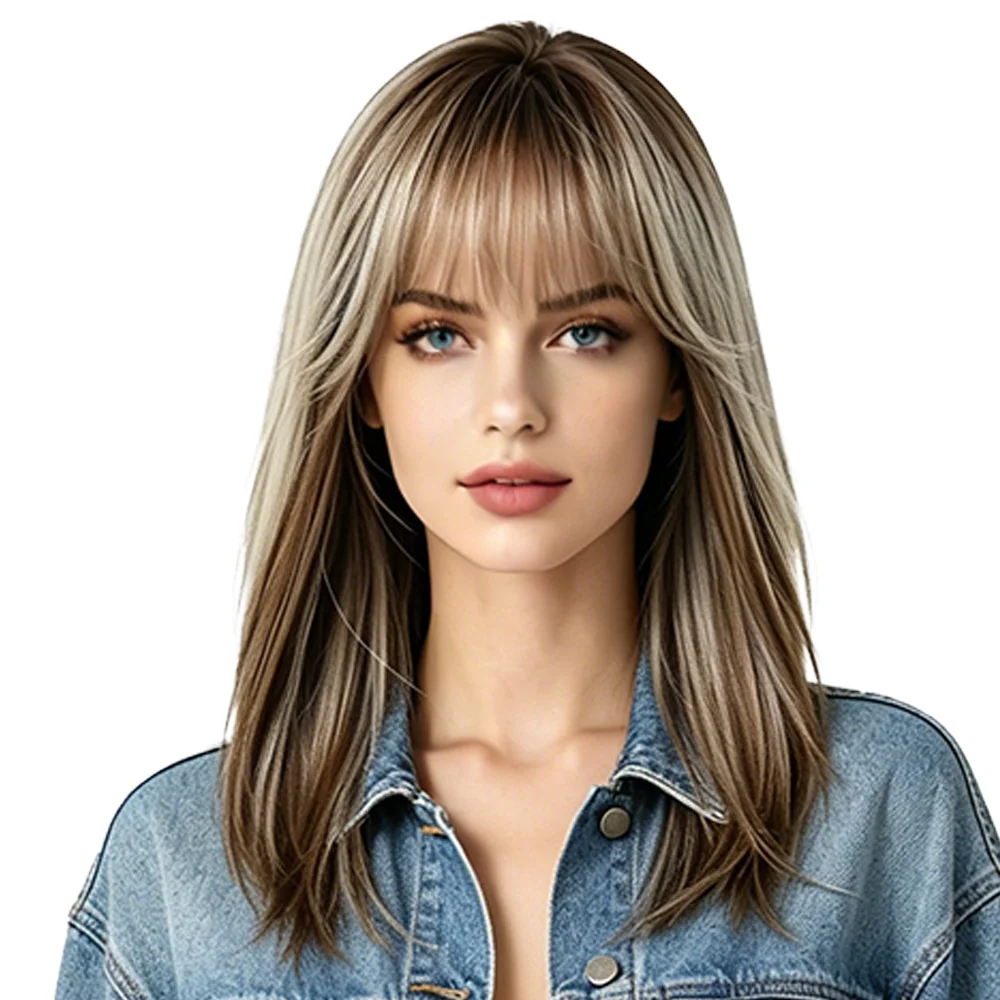 Balayage Brown Blonde Highlight Wigs Layered Straight Wig with Air Bangs Heat Resistant Synthetic Hair For Women Daily Party