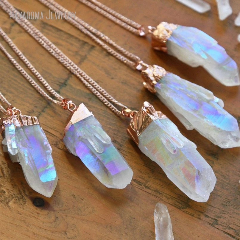 

10Pcs Rose Gold Color Angel Aura Pastel Crystal Necklace Quartz Women Rainbow Chunky Jewelry