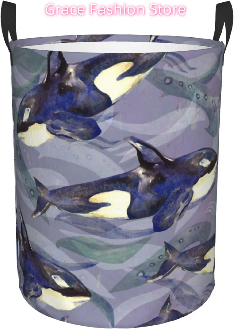 

Watercolor Killer Whale Laundry Basket with Handle Waterproof Collapsible Cloth Hamper Round Storage Basket for Bathroom Bedroom