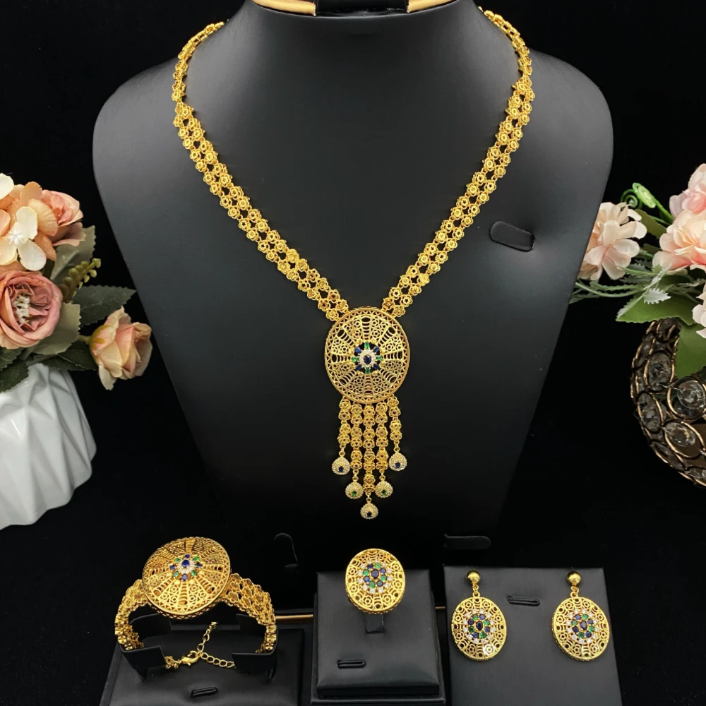 

JRH Party Glam High-End Look Gold Plated 4-Piece Set Fashion Zircon Jewelry Suite Dinner Party Bracelet Earrings Necklace Ring