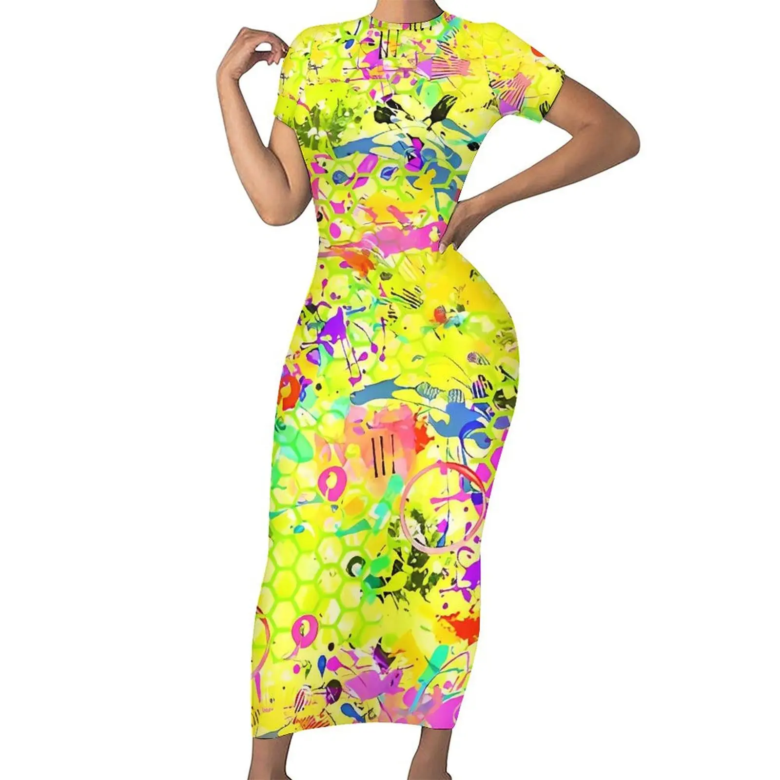 Graffiti Colorful Print Dress Female Street Wear Bodycon Dress Summer Short Sleeve Vintage Maxi Dresses Custom Oversize Vestidos