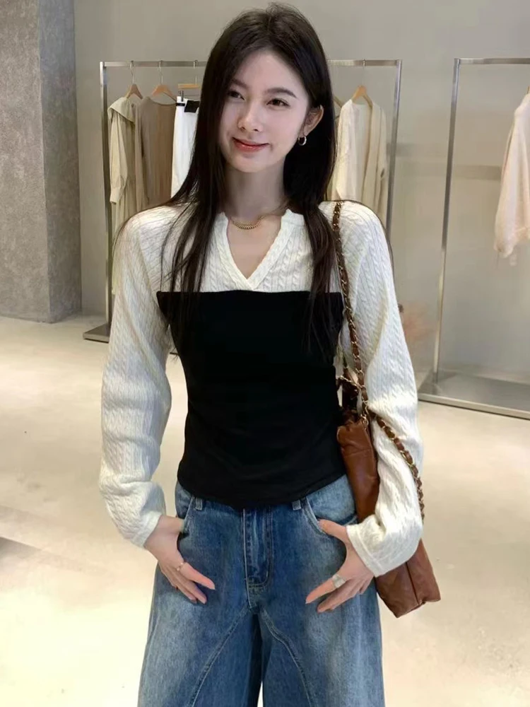 

Korean Style Slim Fit Splice Fake Two-Piece Knitted Sweater Women's Autumn Winter New Small Size Elegant Versatile Sweater