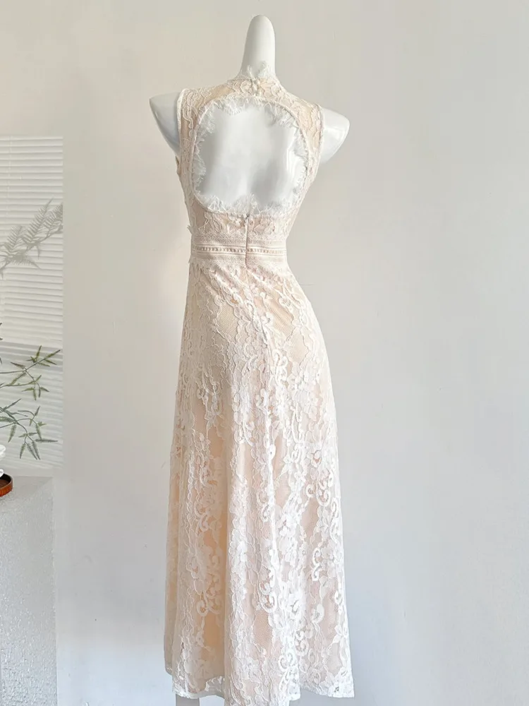 Sexy Sleeveless Lace Hollow Out Long Dress Women Black O Neck Cut Out Split Slim Backless Dresses Evening Party Cocktail Gowns