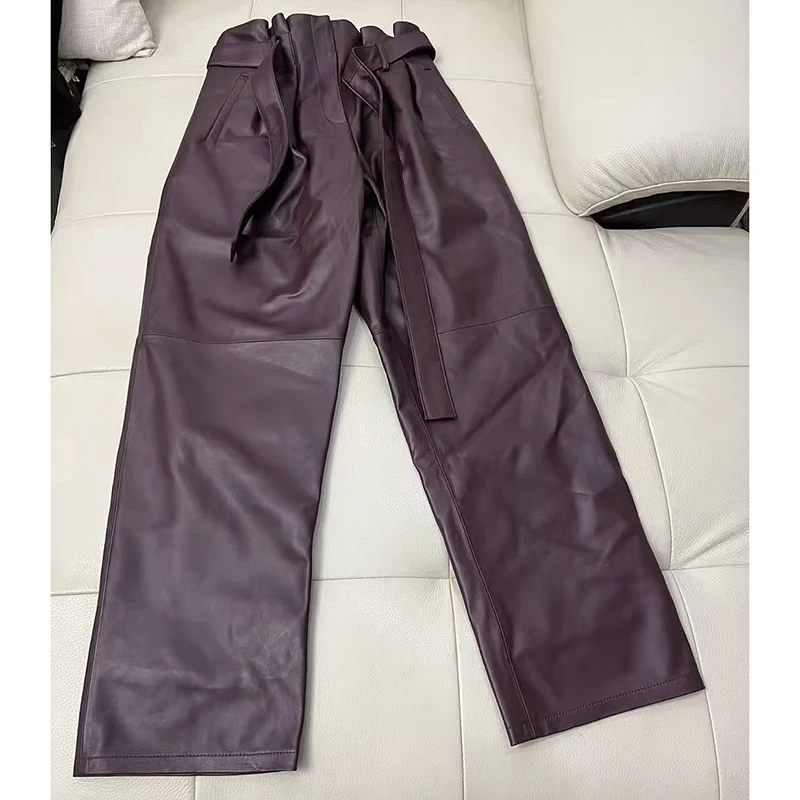 Stylish Genuine Leather Pants Women Sheepskin Bow Tie Lace High Waist Trousers Mujer Khaki/Green Straight Wide Leg Pantalon